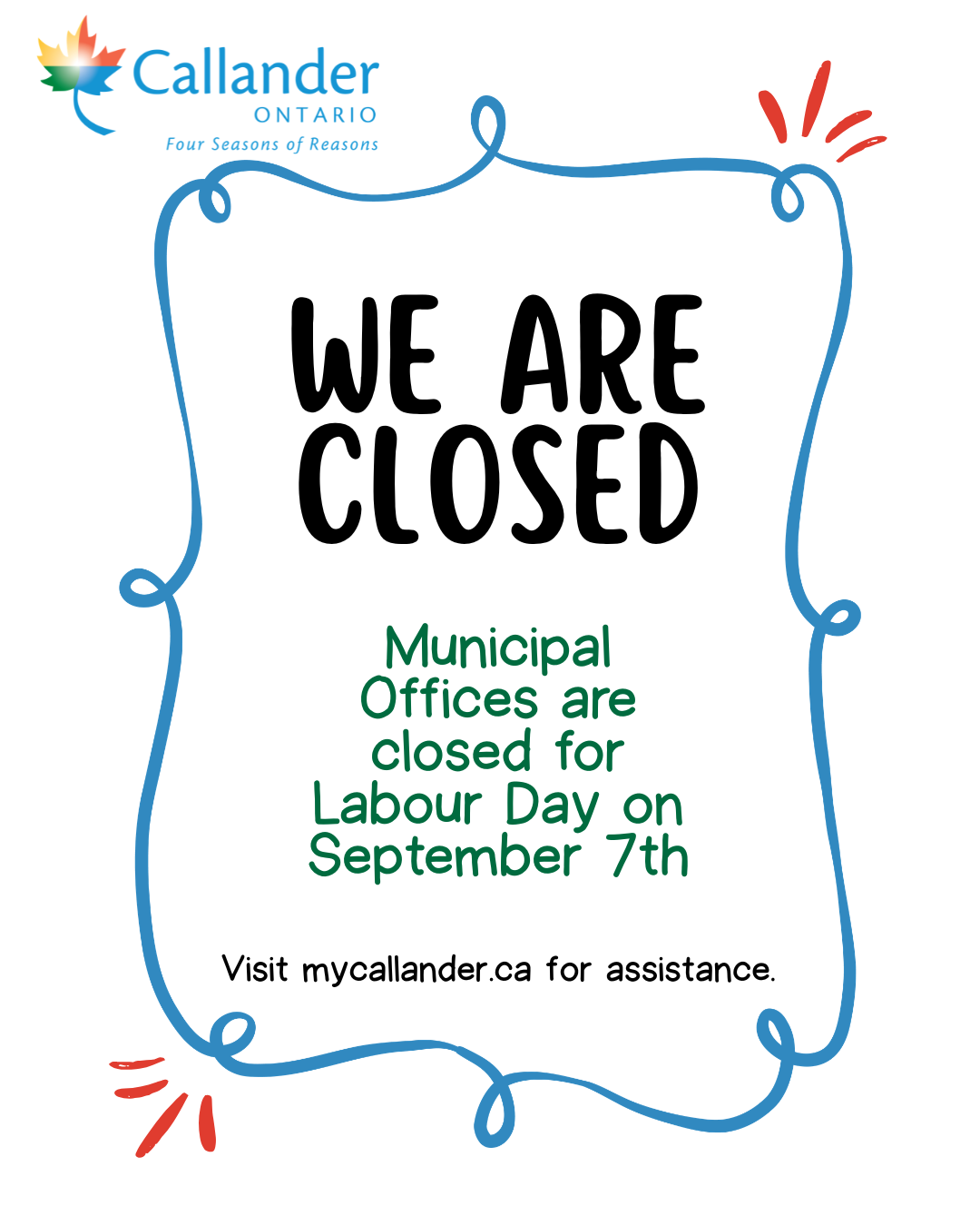 Municipal Offices will be closed on Monday, September 7th for Labour Day.